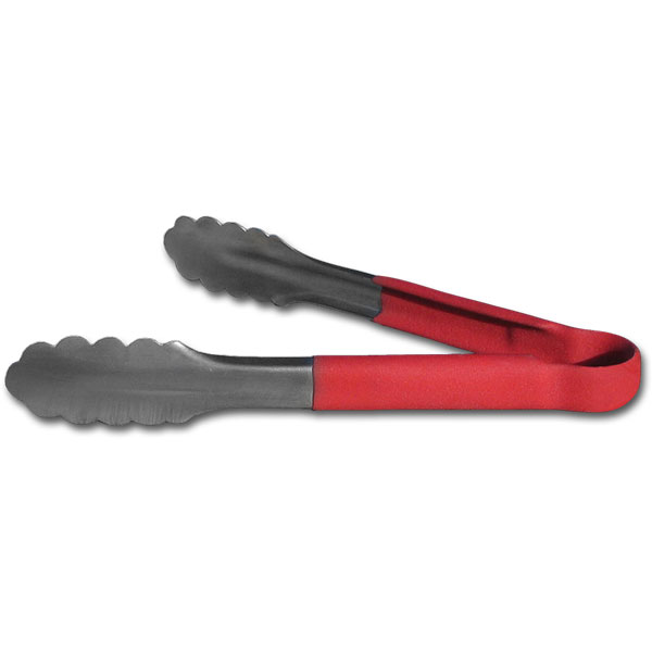 9" Tongs, SS, Red Plastic Coated Handle